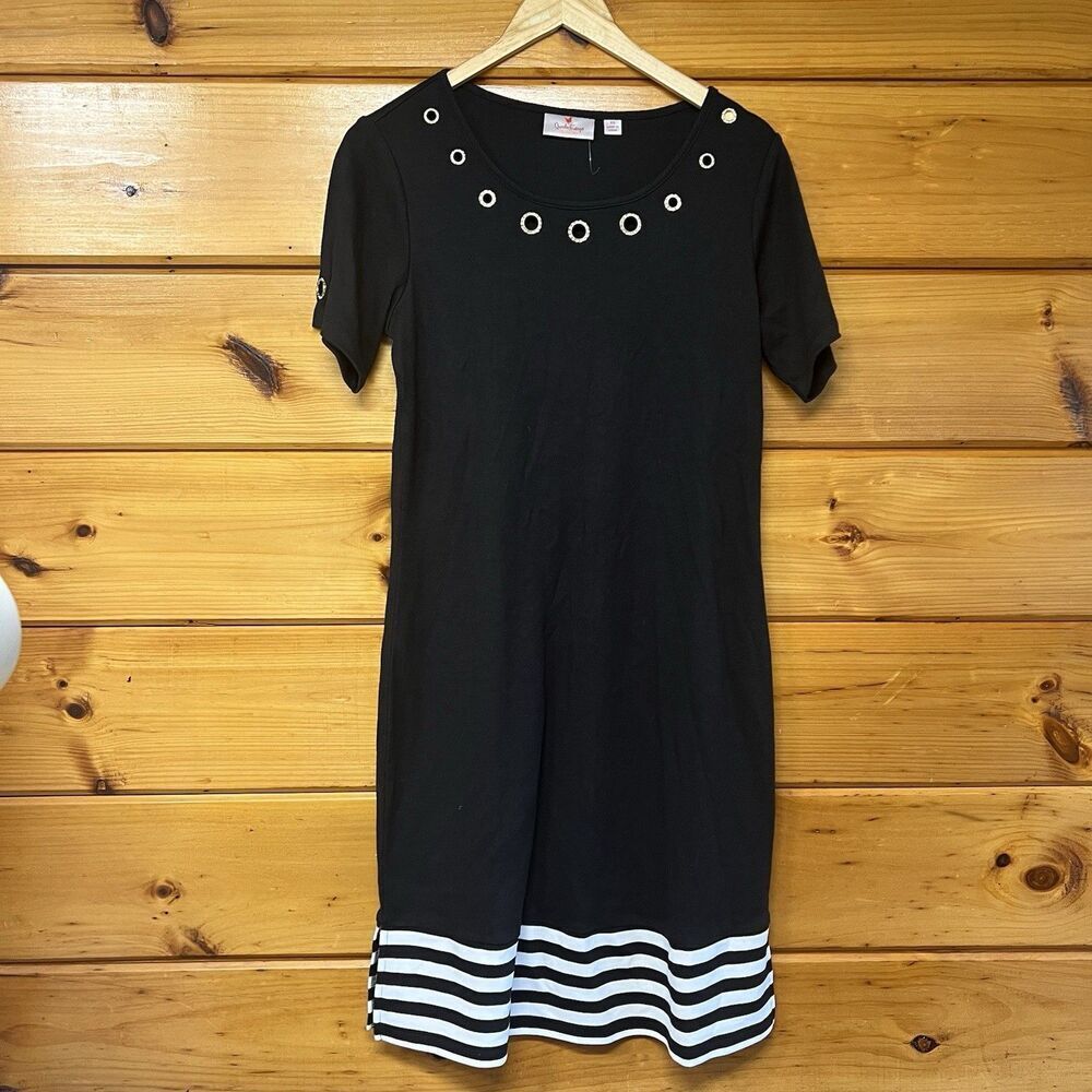 Quacker Factory Womans XSmall Black Short Sleeve Striped Dress Nautical Coastal